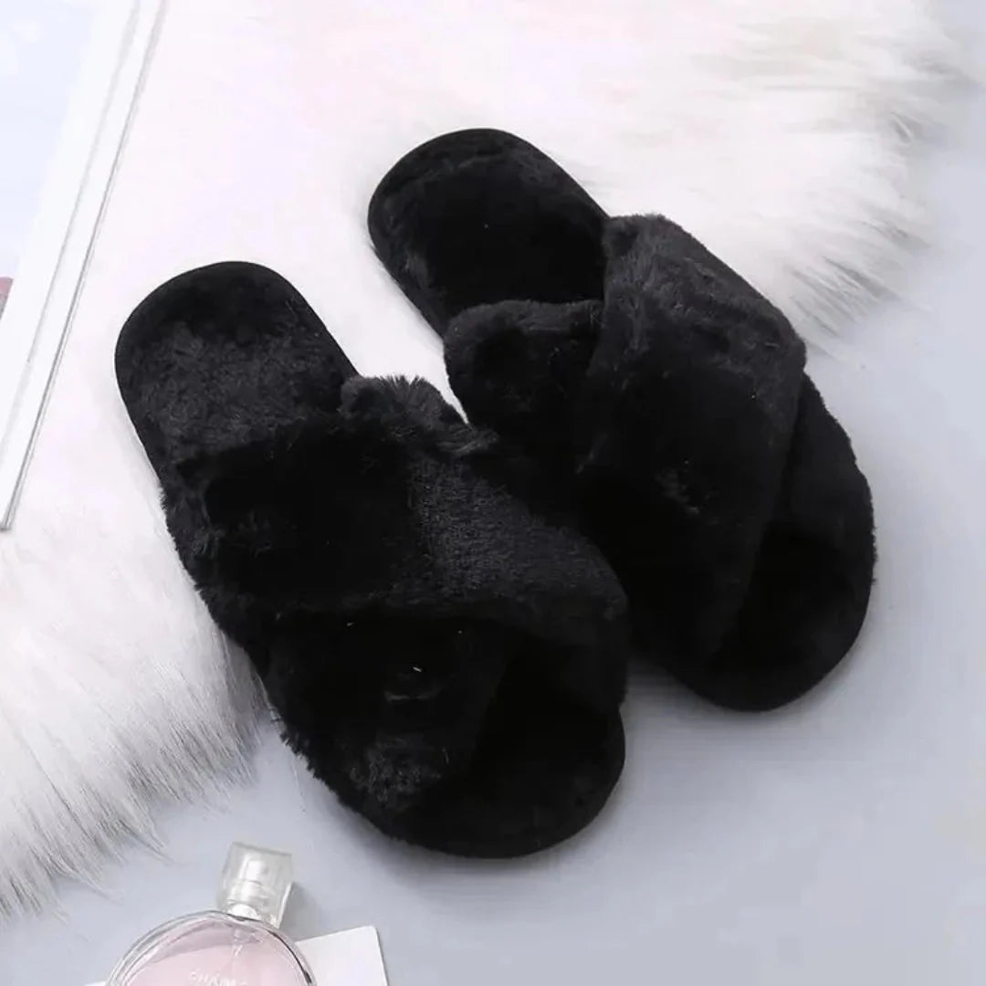 Women's fluffy faux fur cross-band slippers in cozy style with slip-resistant sole for indoor comfort
