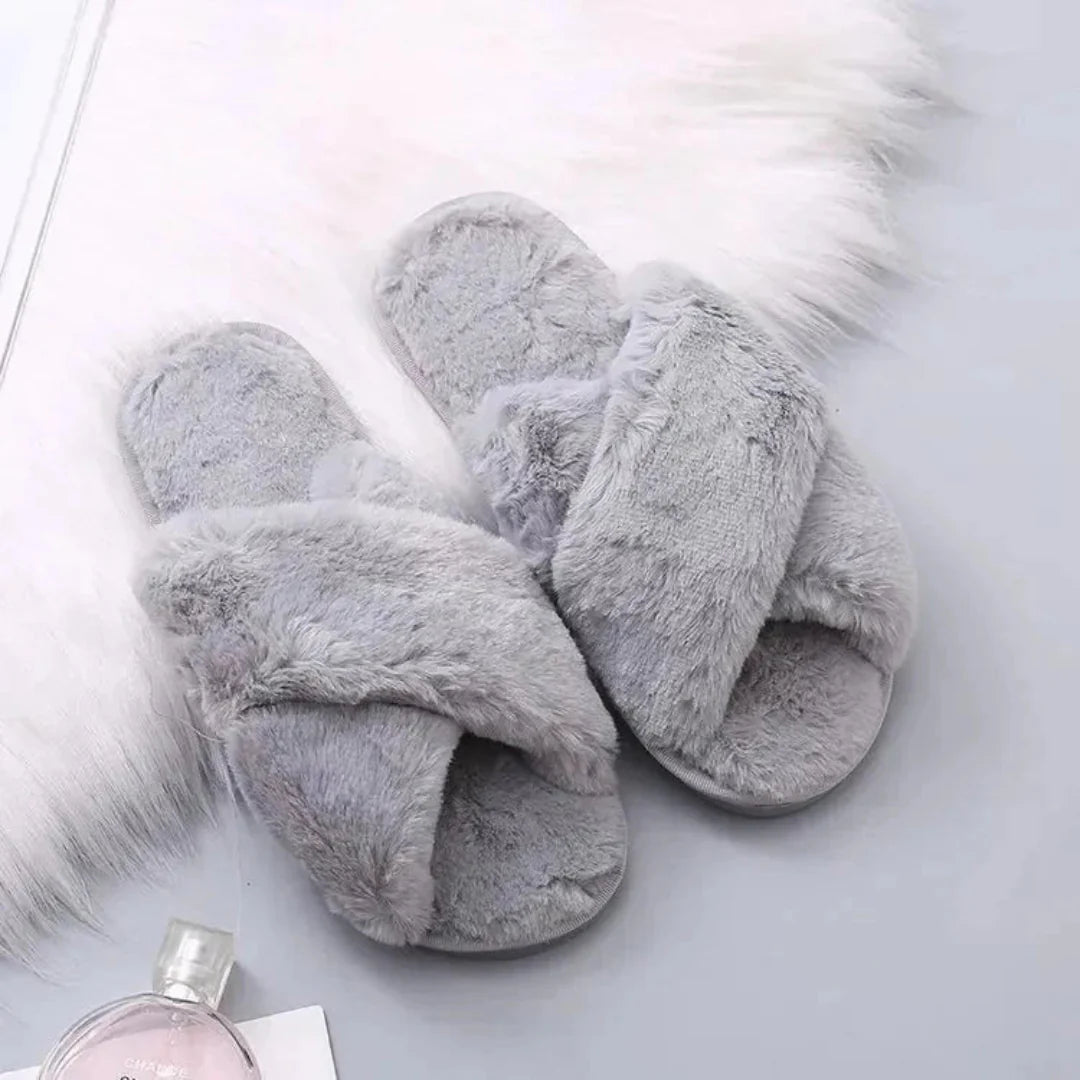 Women's fluffy faux fur cross-band slippers in cozy style with slip-resistant sole for indoor comfort