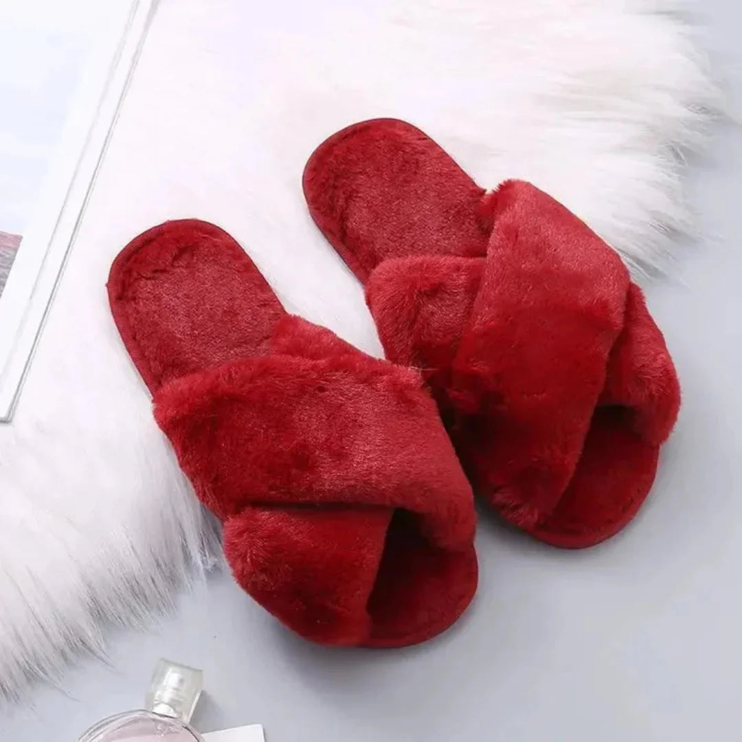 Women's fluffy faux fur cross-band slippers in cozy style with slip-resistant sole for indoor comfort