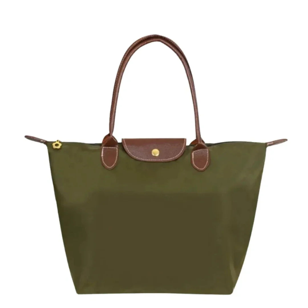 Women's foldable water-resistant nylon tote bag with soft leather handles, lightweight minimalist everyday carryall