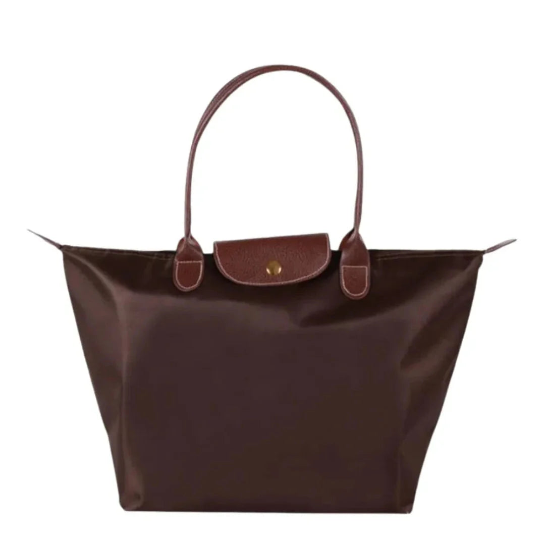 Women's foldable water-resistant nylon tote bag with soft leather handles, lightweight minimalist everyday carryall