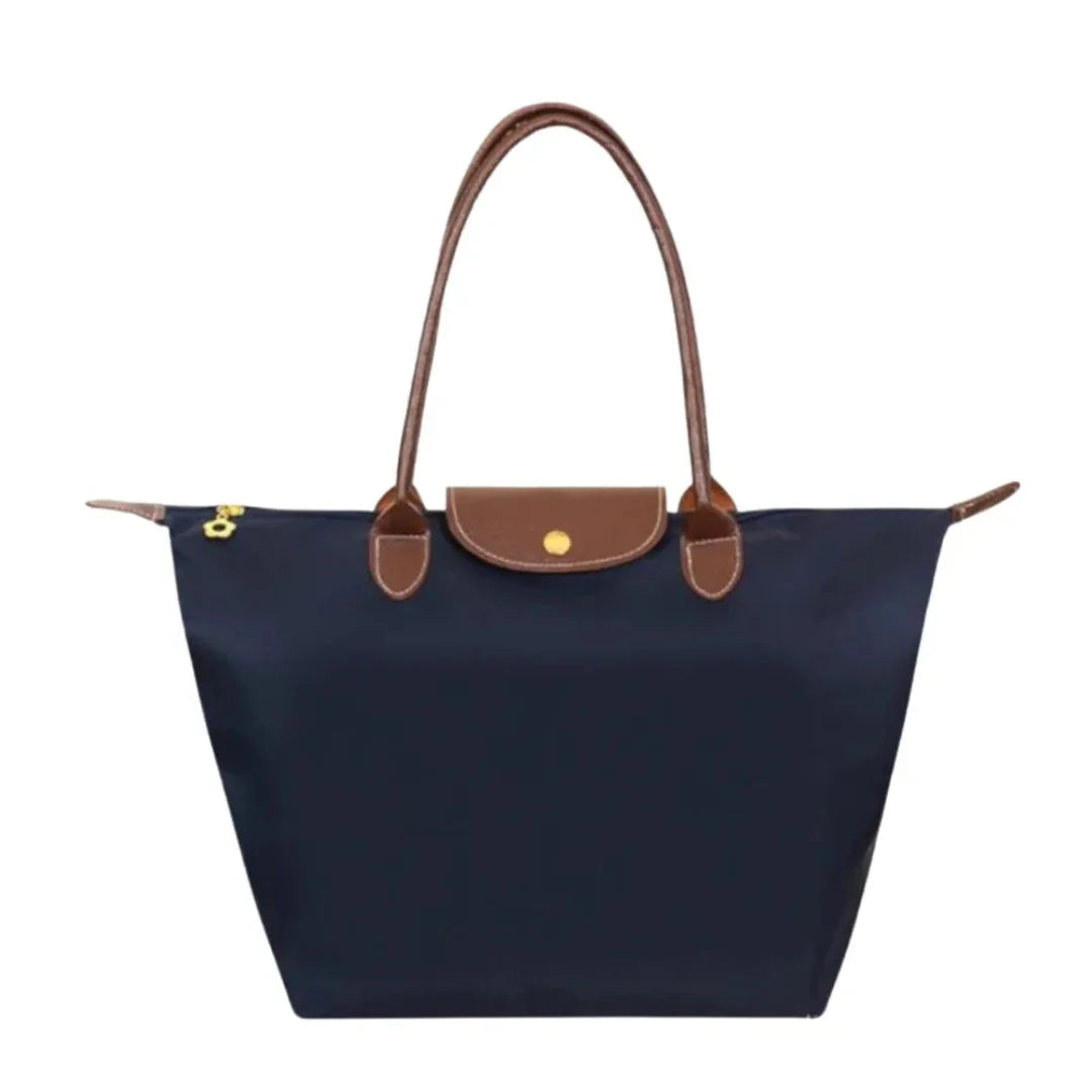 Women's foldable water-resistant nylon tote bag with leather handles, lightweight minimalist everyday carryall