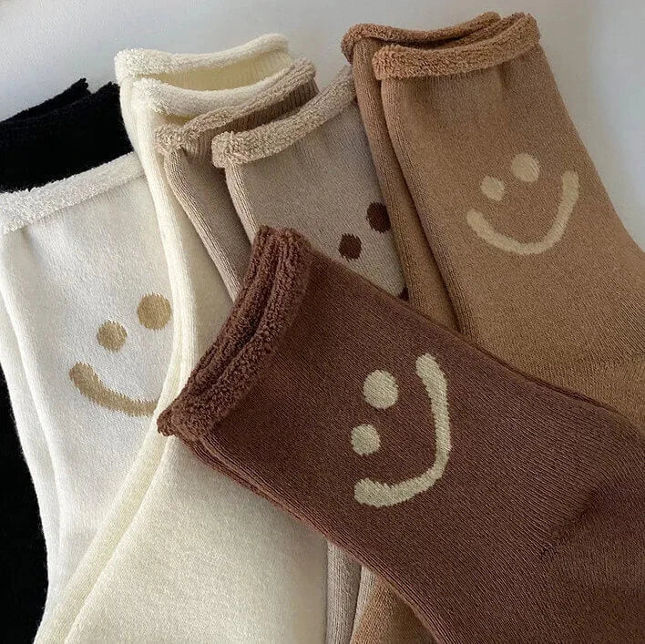 Women's white ankle socks with embroidered smiley face, ultra-soft plush cotton blend one size