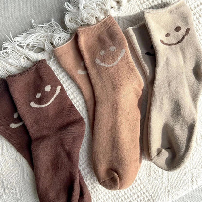 Women's white ankle socks with embroidered smiley face, ultra-soft plush cotton blend one size