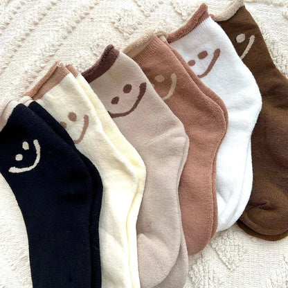 Women's white ankle socks with embroidered smiley face, ultra-soft plush cotton blend one size