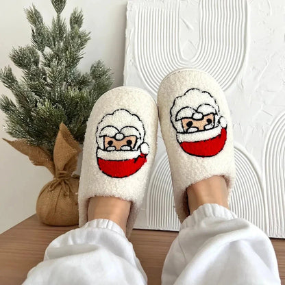 Women's Christmas plush slippers with fluffy fleece lining, festive embroidered characters, and non-slip sole