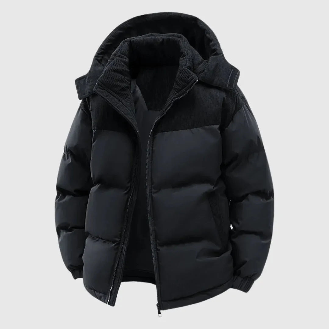 Women's hooded puffer jacket in bold style with insulated shell, full zip, and plush lining