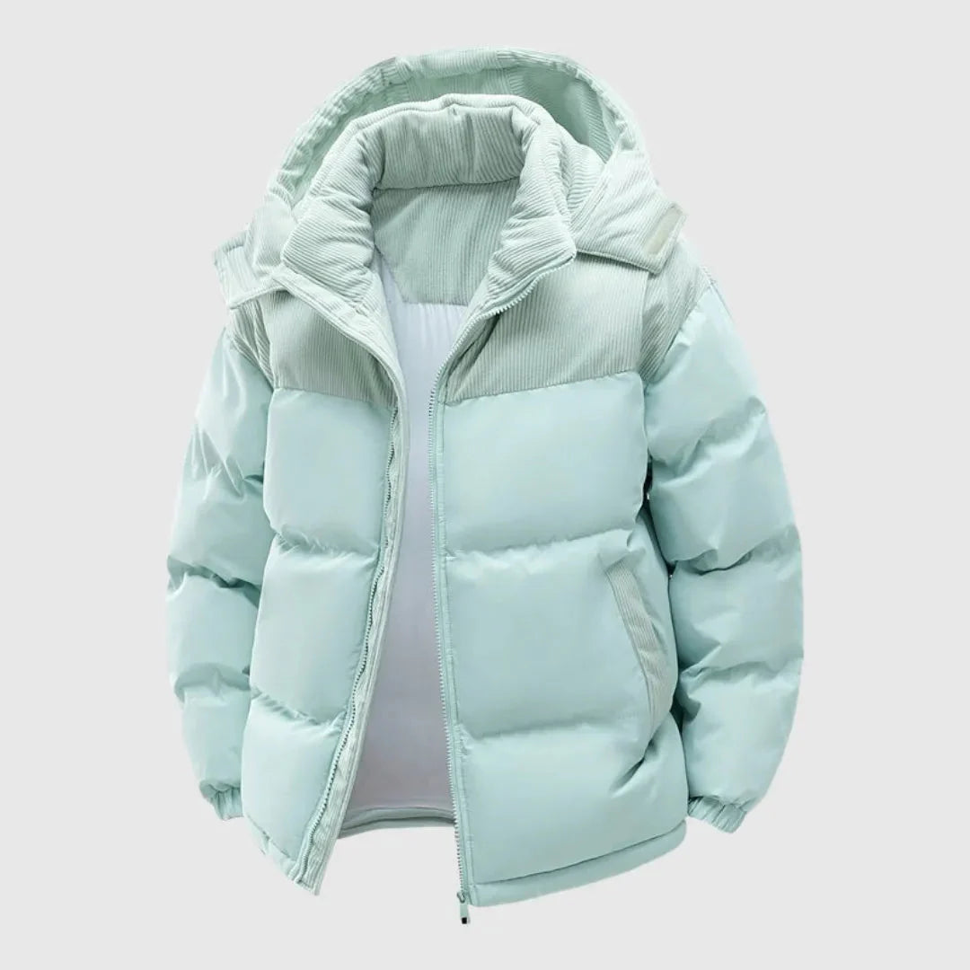 Women black hooded puffer jacket with full zip closure, insulated shell and plush interior lining