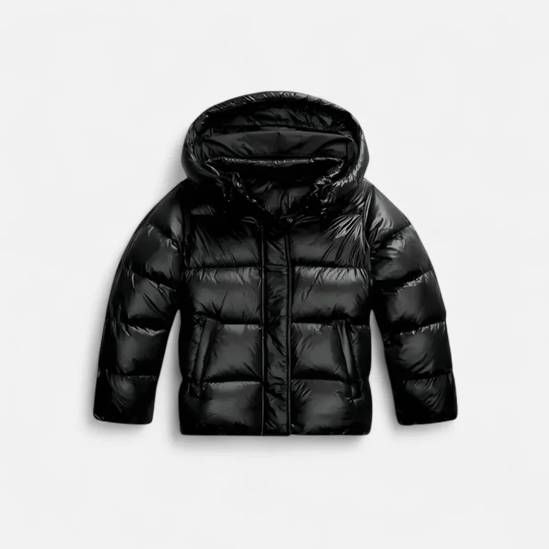 Women's shiny quilted hooded puffer jacket slim fit short length with side pockets lightweight insulated