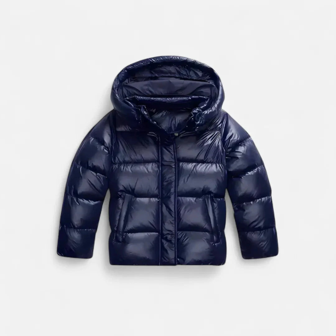 Women's shiny quilted hooded puffer jacket slim fit short length with adjustable drawstring