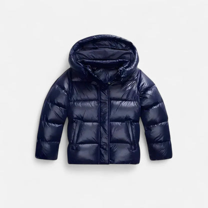 Women's shiny quilted hooded puffer jacket slim fit short length with adjustable drawstring