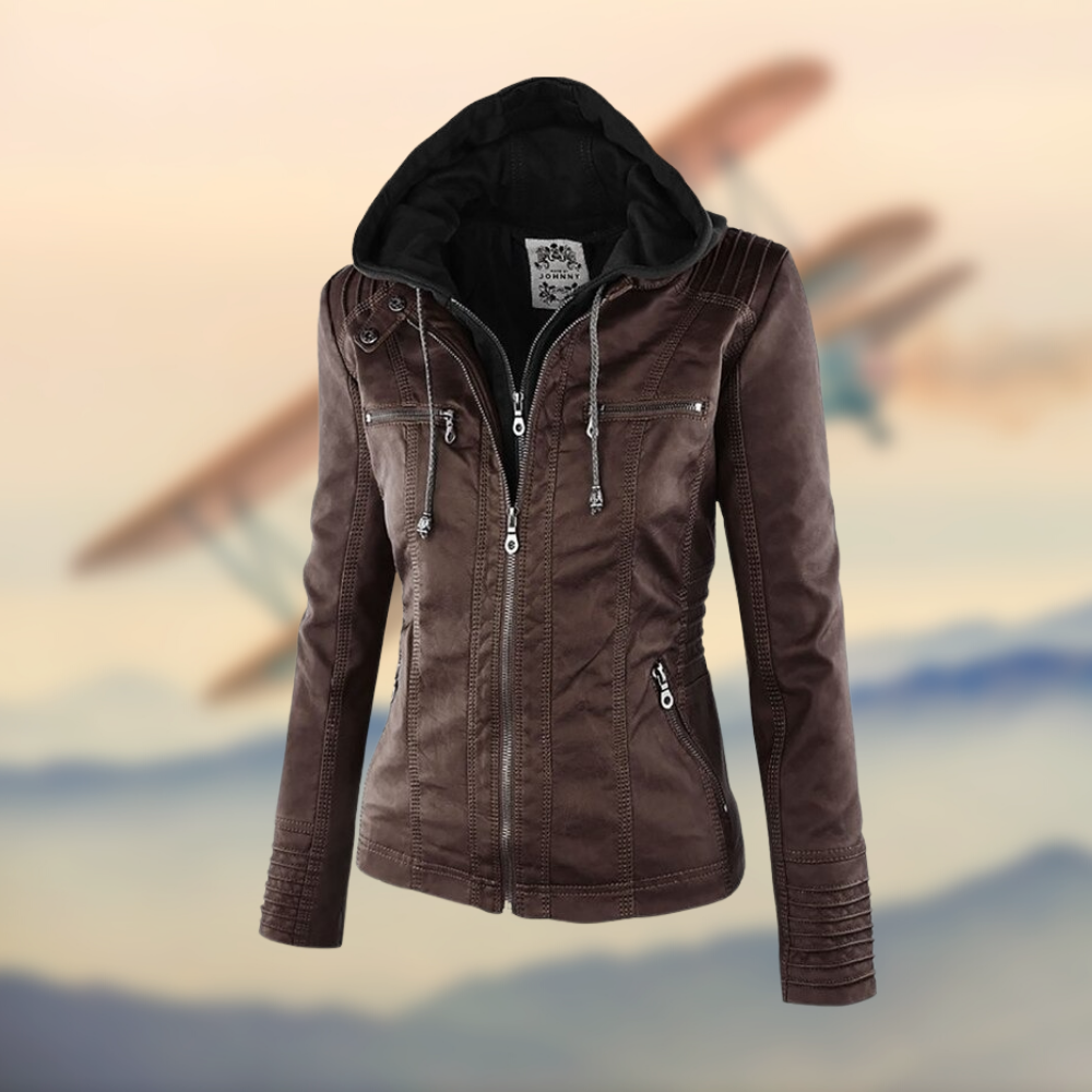 Women's black zip-up biker jacket structured tailoring leather-like finish with zipper pockets