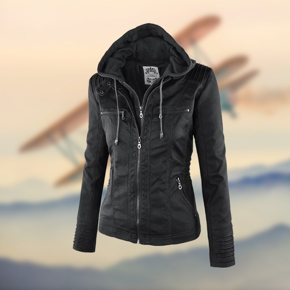 Women's black zip-up biker jacket structured tailoring leather-like finish zipper pockets edgy style