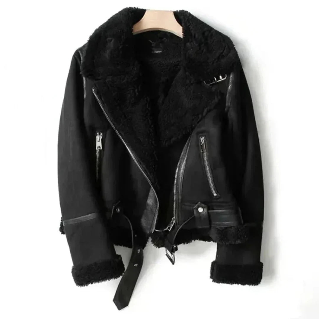 Women's black leather sherpa jacket with full-zip closure and ultra-soft plush lined interior