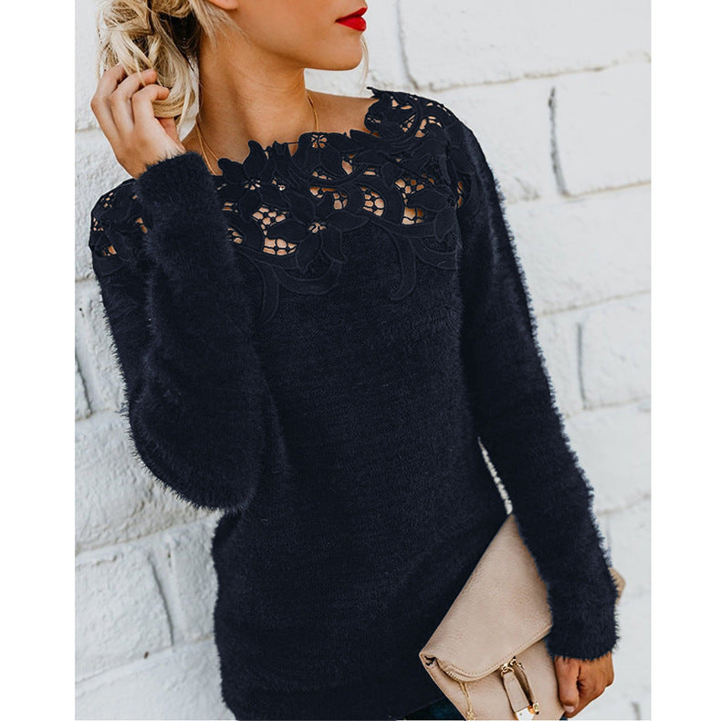 Women's winter long-sleeve knit sweater with soft plush fabric and delicate floral lace embroidered neckline