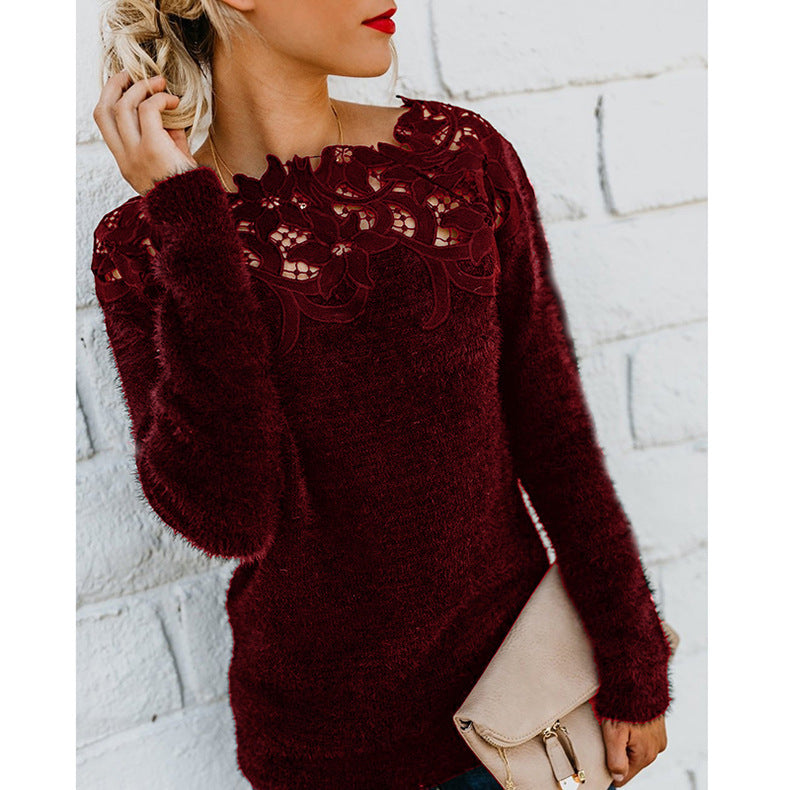 Women's long-sleeve knit sweater with delicate floral lace embroidered neckline, cozy plush winter style