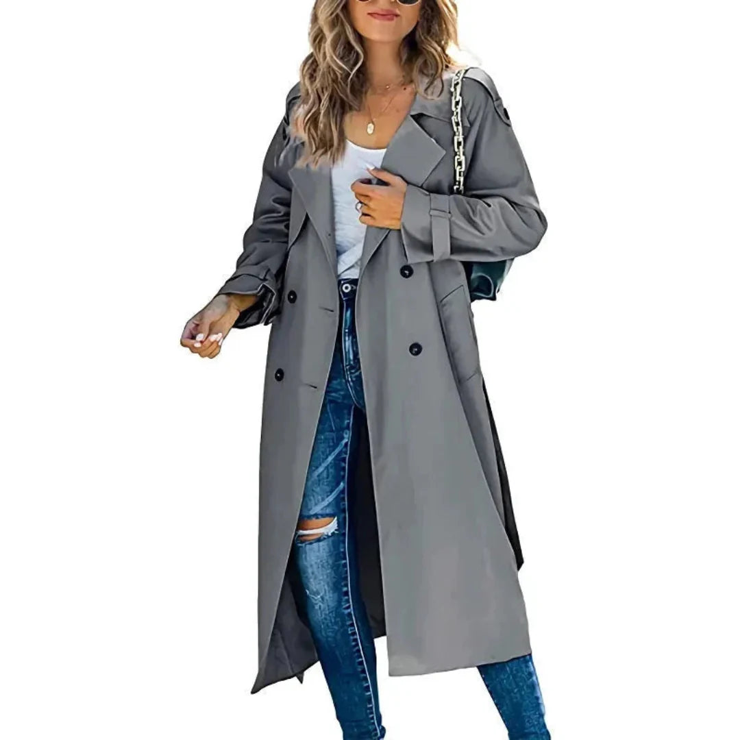 Women's long double-breasted trench coat with adjustable belt, classic lapels, relaxed tailored fit