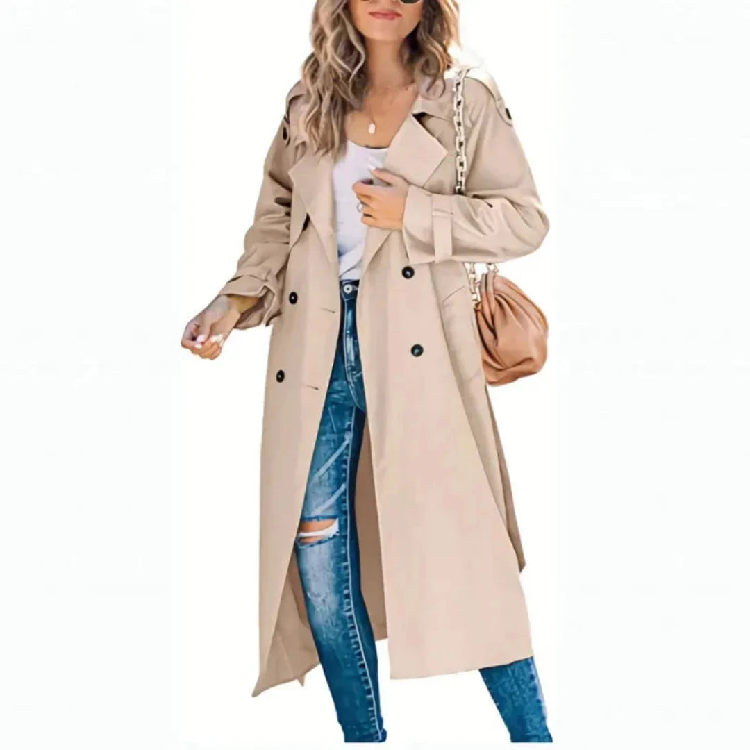 Women's long double-breasted trench coat with adjustable belt, classic lapels, relaxed tailored fit