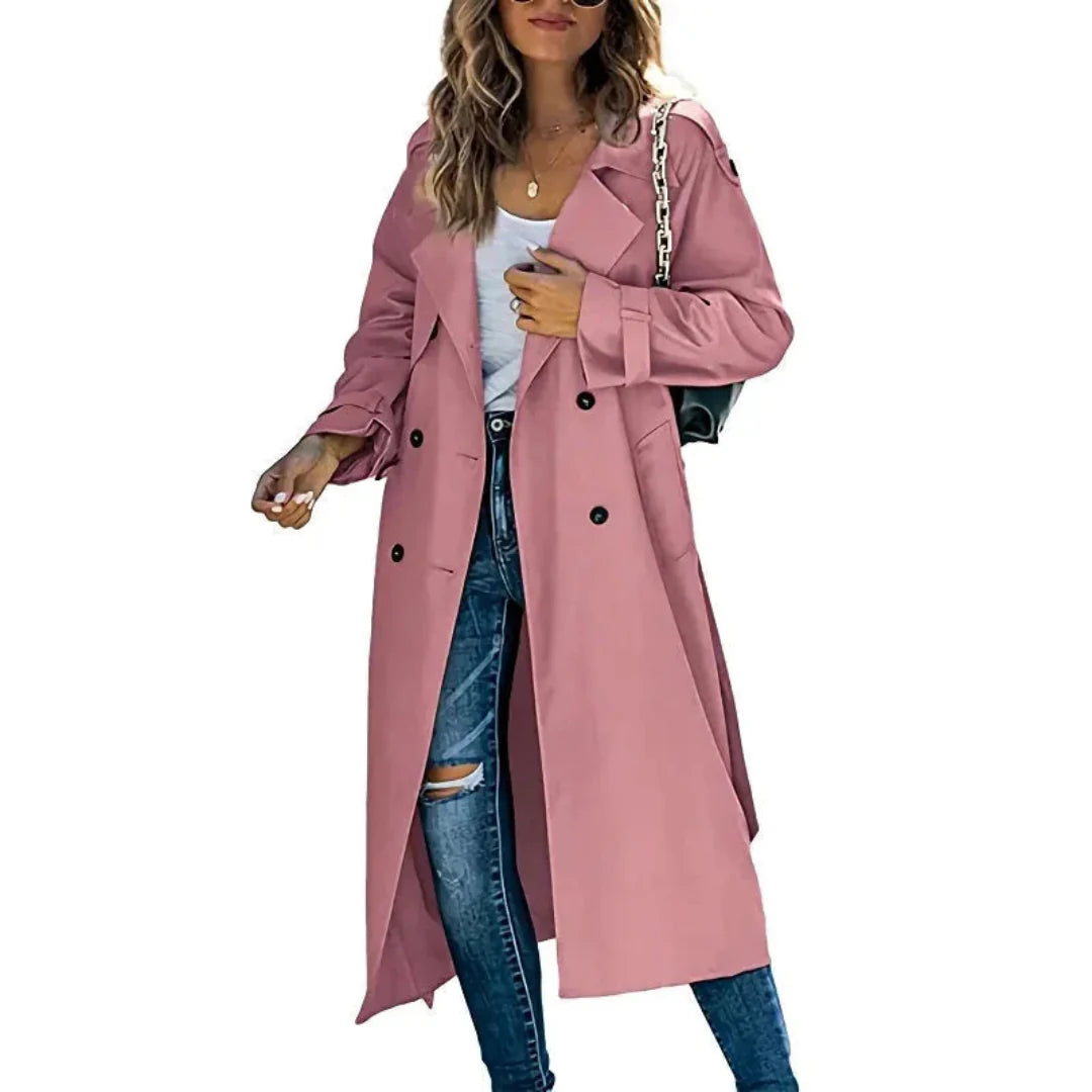Women's long double-breasted trench coat with adjustable belt, classic lapels, relaxed tailored fit