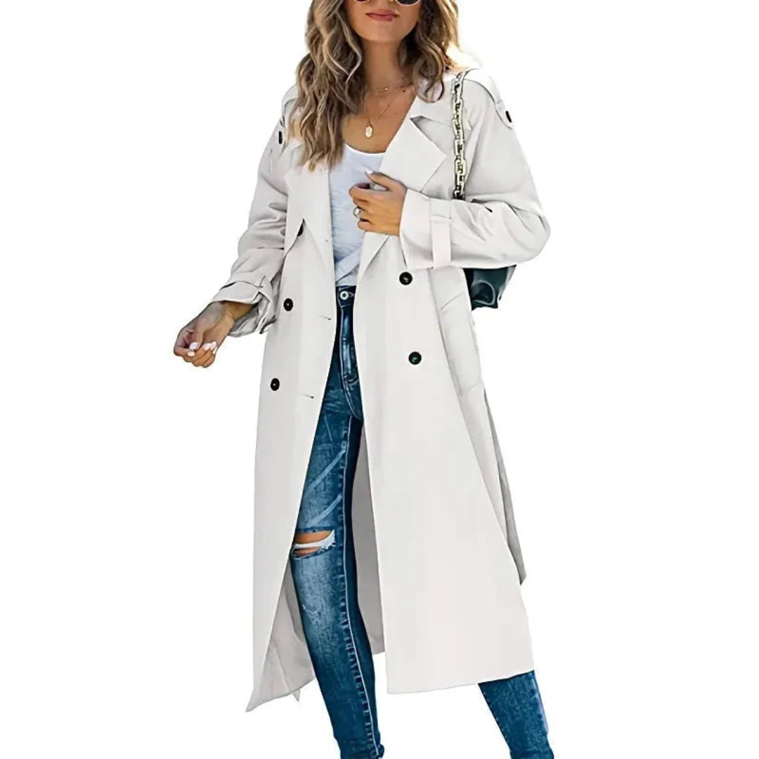 Women's long double-breasted trench coat with adjustable belt, classic lapels, relaxed tailored fit
