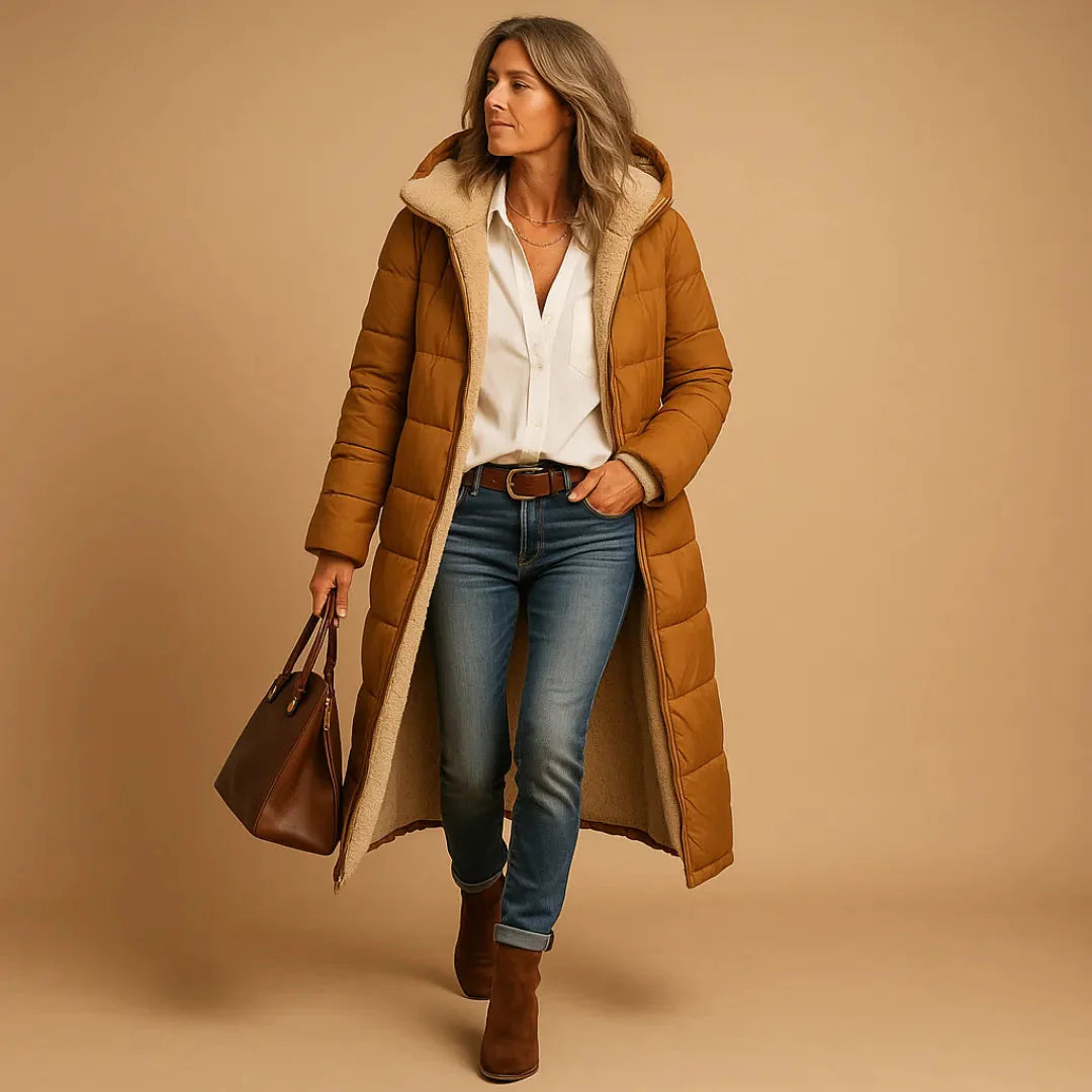Women's long quilted puffer coat with soft insulation, streamlined fit, and full-body warmth