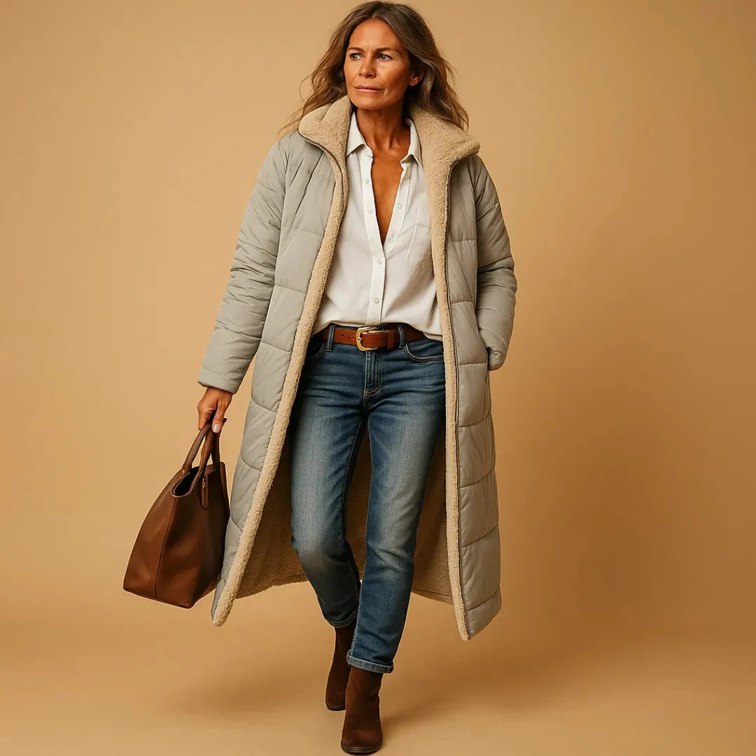 Women's long quilted puffer coat with soft insulation, streamlined fit, and full-body warmth