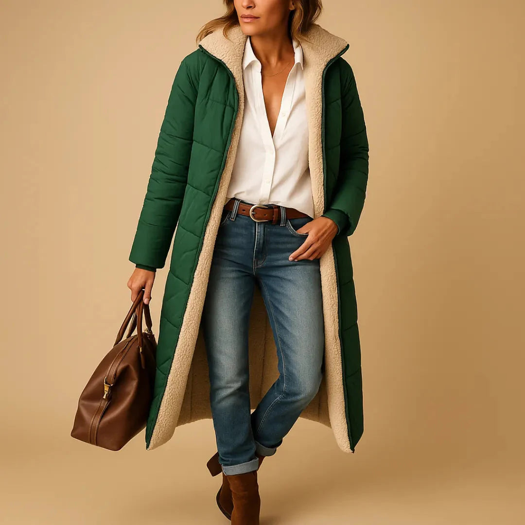 Women's long quilted puffer coat with soft insulation, sleek longline silhouette for winter warmth