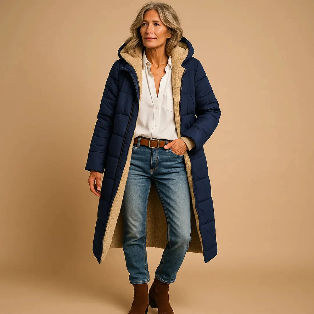 Women's long quilted puffer coat with soft insulation, streamlined fit, and full-body warmth