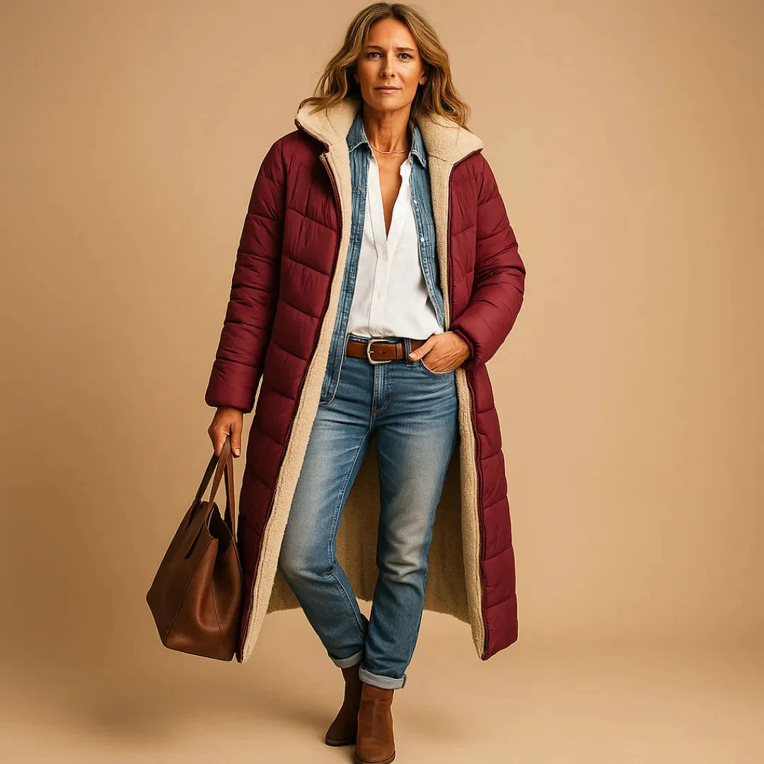 Women's long quilted puffer coat with soft insulation, sleek longline silhouette for winter warmth