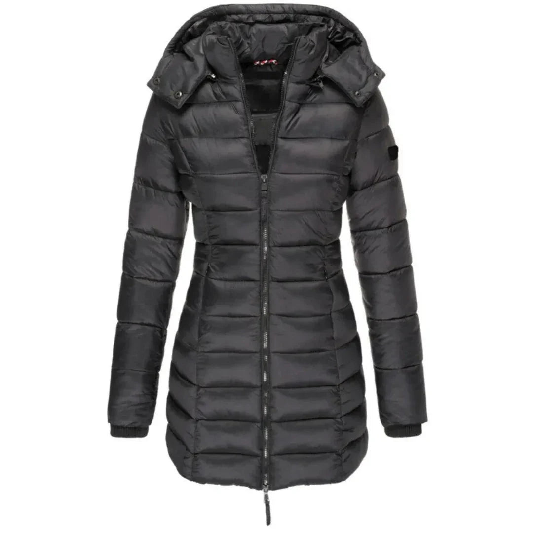 Women's longline hooded down jacket lightweight black puffer coat with protective hood