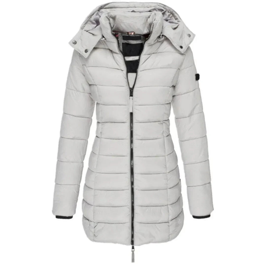 Women's longline hooded down jacket lightweight black puffer coat with protective hood