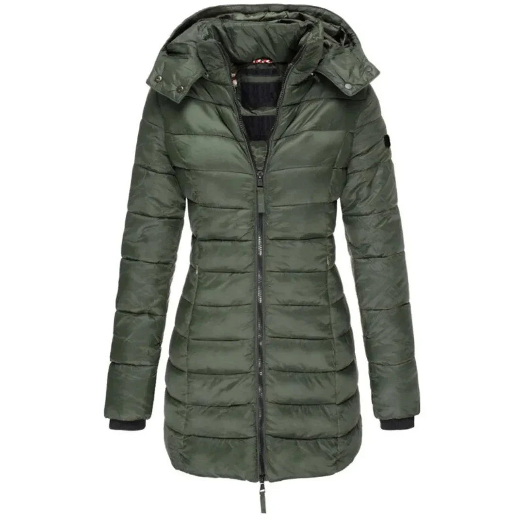 Women's longline hooded down jacket lightweight black puffer with protective hood and zipper closure