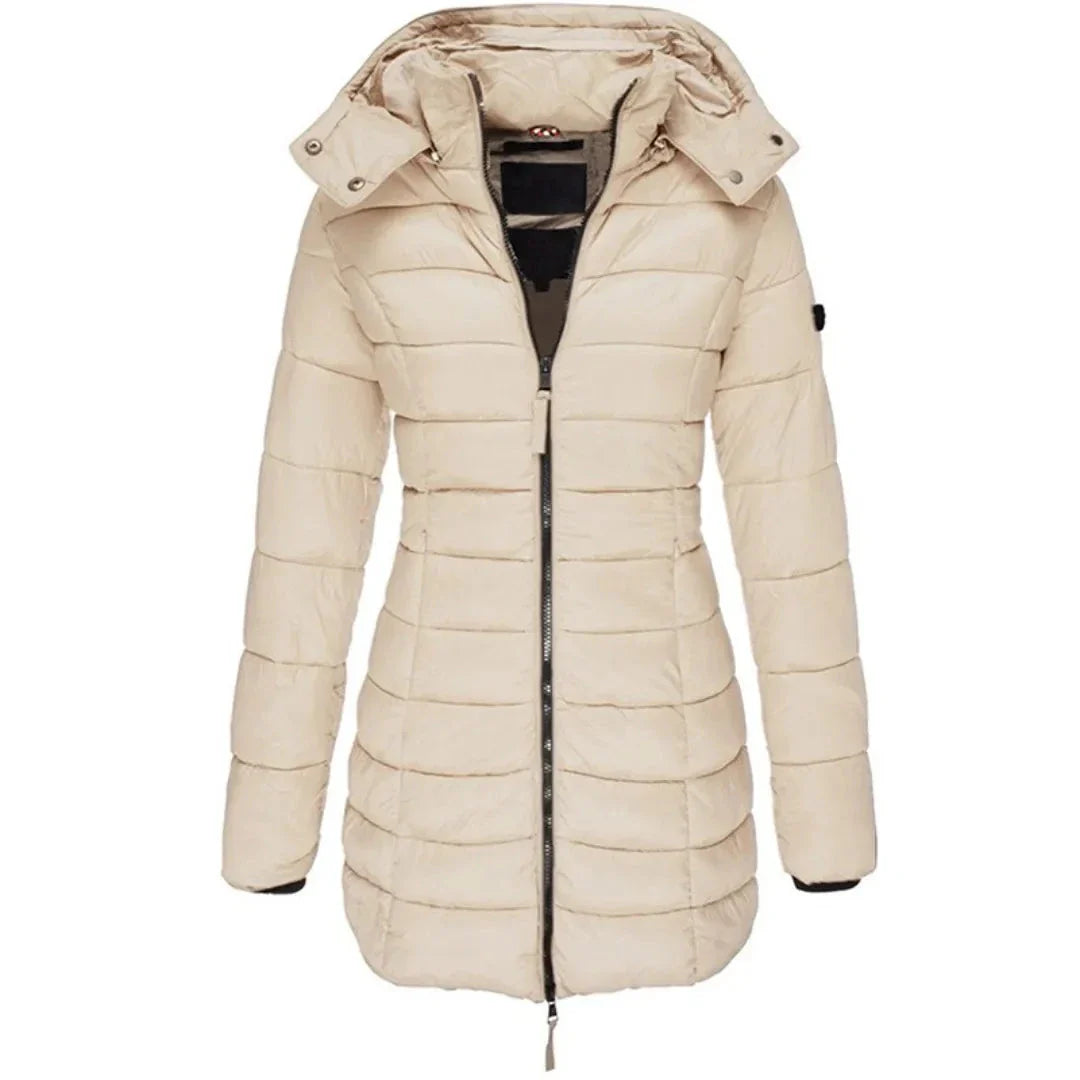 Women's longline hooded down jacket lightweight black puffer coat with protective hood