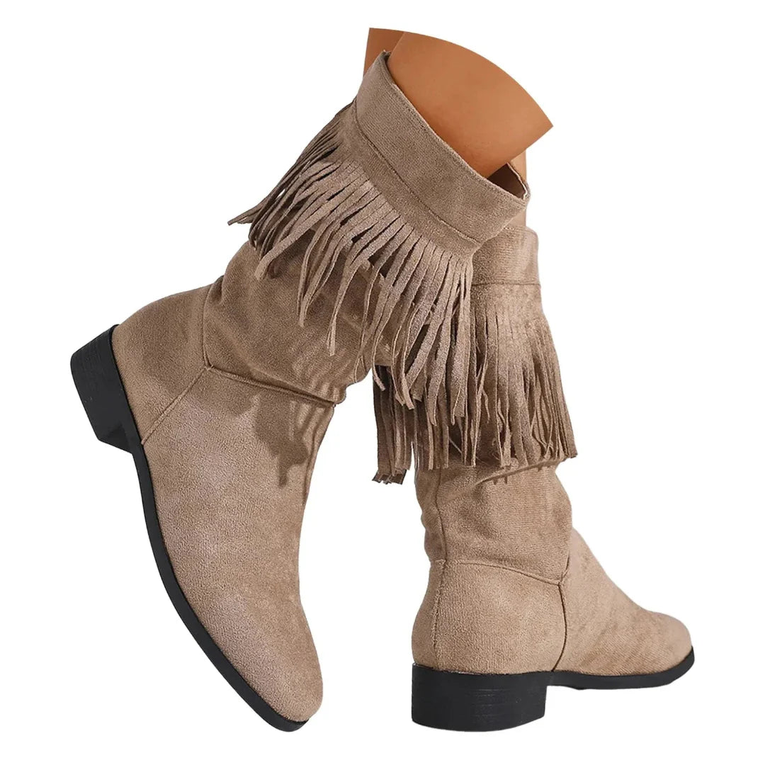 Women's brown suede mid-calf boots with layered fringe accents, bohemian pull-on style