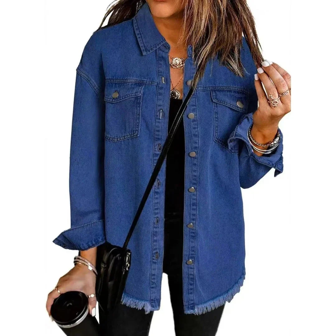 Women's oversized light blue denim shirt jacket with frayed hem, relaxed fit for casual layering