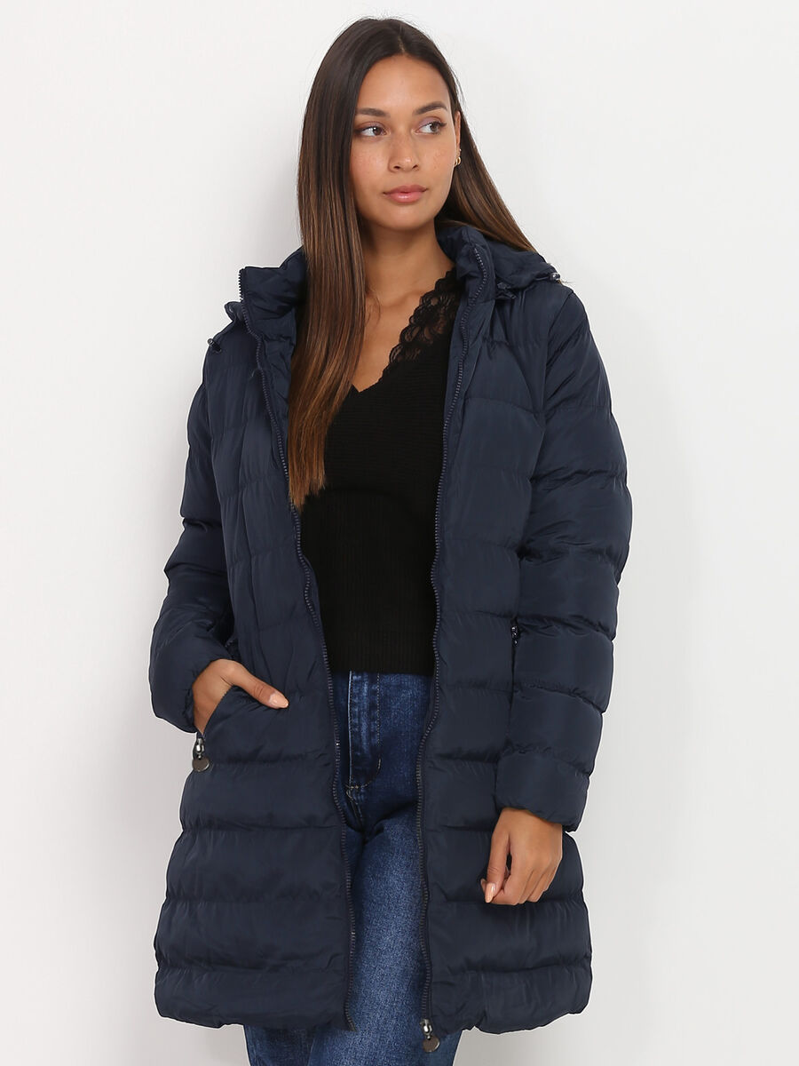 Women's black quilted coat relaxed fit mid-thigh length with hood and zipper pockets