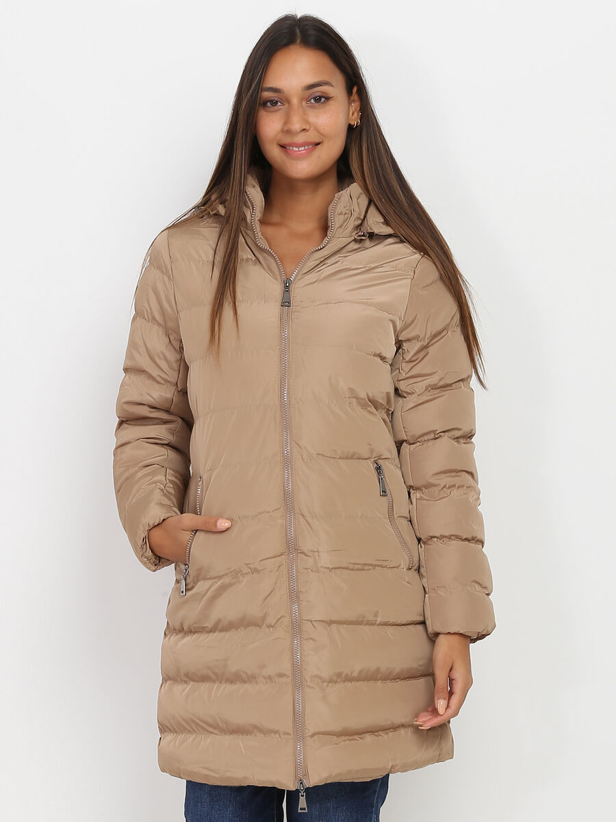 Women's black quilted coat relaxed fit mid-thigh length with hood and zipper pockets