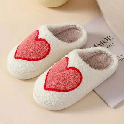 Women's plush faux fur cozy slippers with heart and mushroom design, cushioned non-slip sole