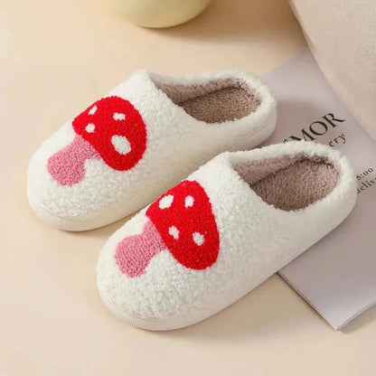 Women's pink plush faux fur cozy slippers with heart mushroom design and non-slip sole