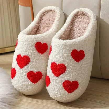 Women's plush faux fur cozy slippers with heart and mushroom design, cushioned non-slip sole