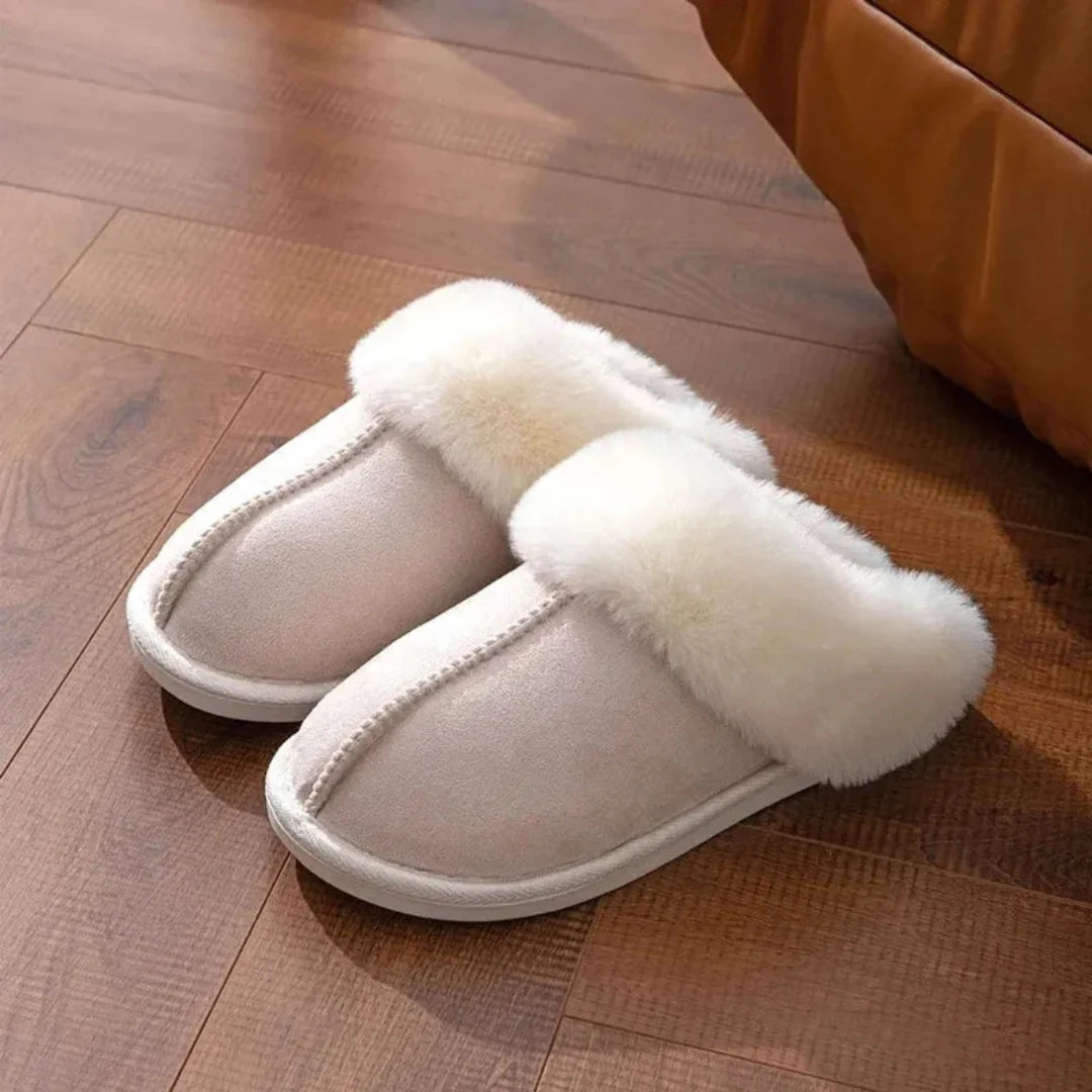 Women's beige plush faux fur slip-on slippers with round toe and slip-resistant sole