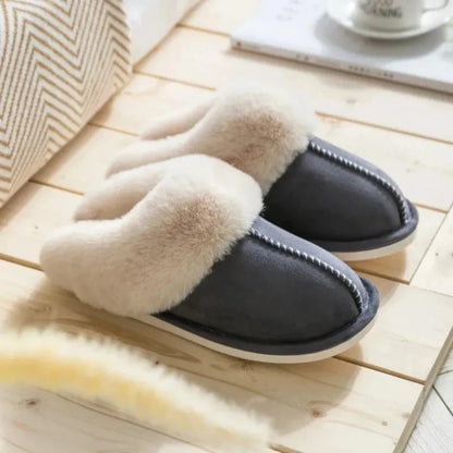 Women's plush faux fur slip-on slippers in cozy round-toe design with slip-resistant sole