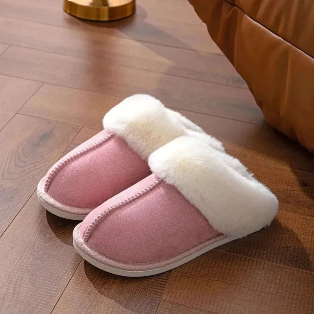 Women's beige plush faux fur slip-on slippers with round toe and slip-resistant sole