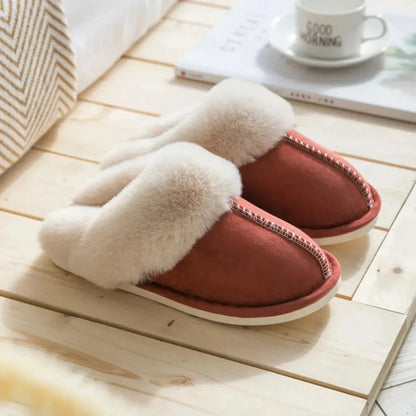 Women's beige plush faux fur slip-on slippers with round toe and slip-resistant sole