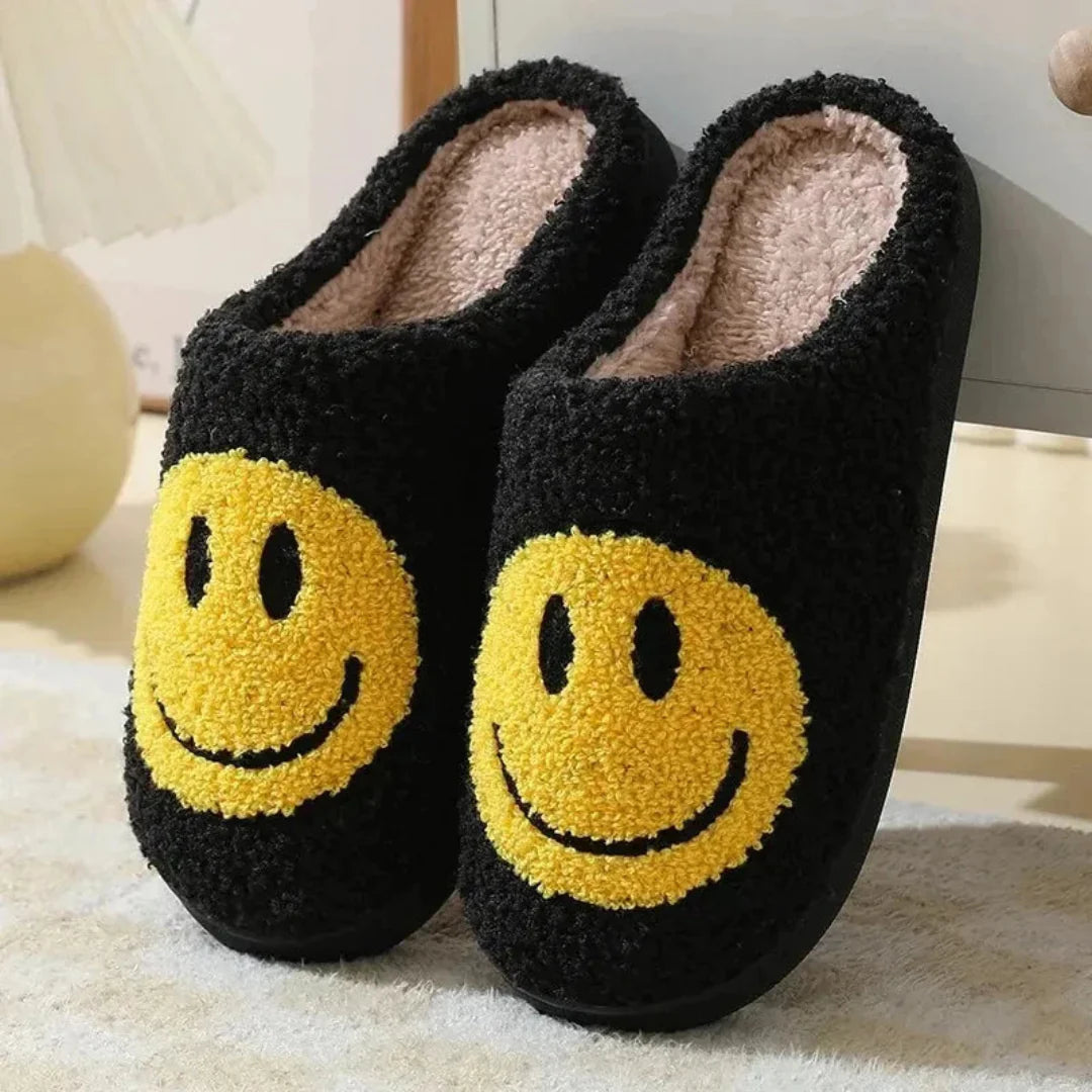 Women's plush sherpa slippers with embroidered smiley face, cushioned anti-slip sole, cozy slip-on style