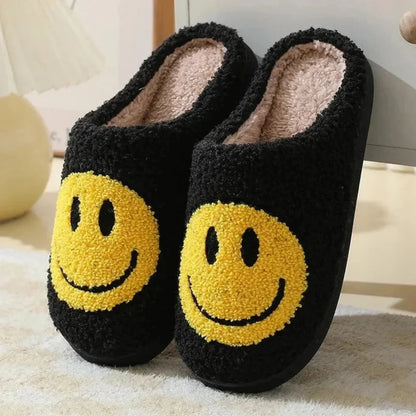 Women's plush sherpa slippers with embroidered smiley face, cushioned anti-slip sole, cozy slip-on style