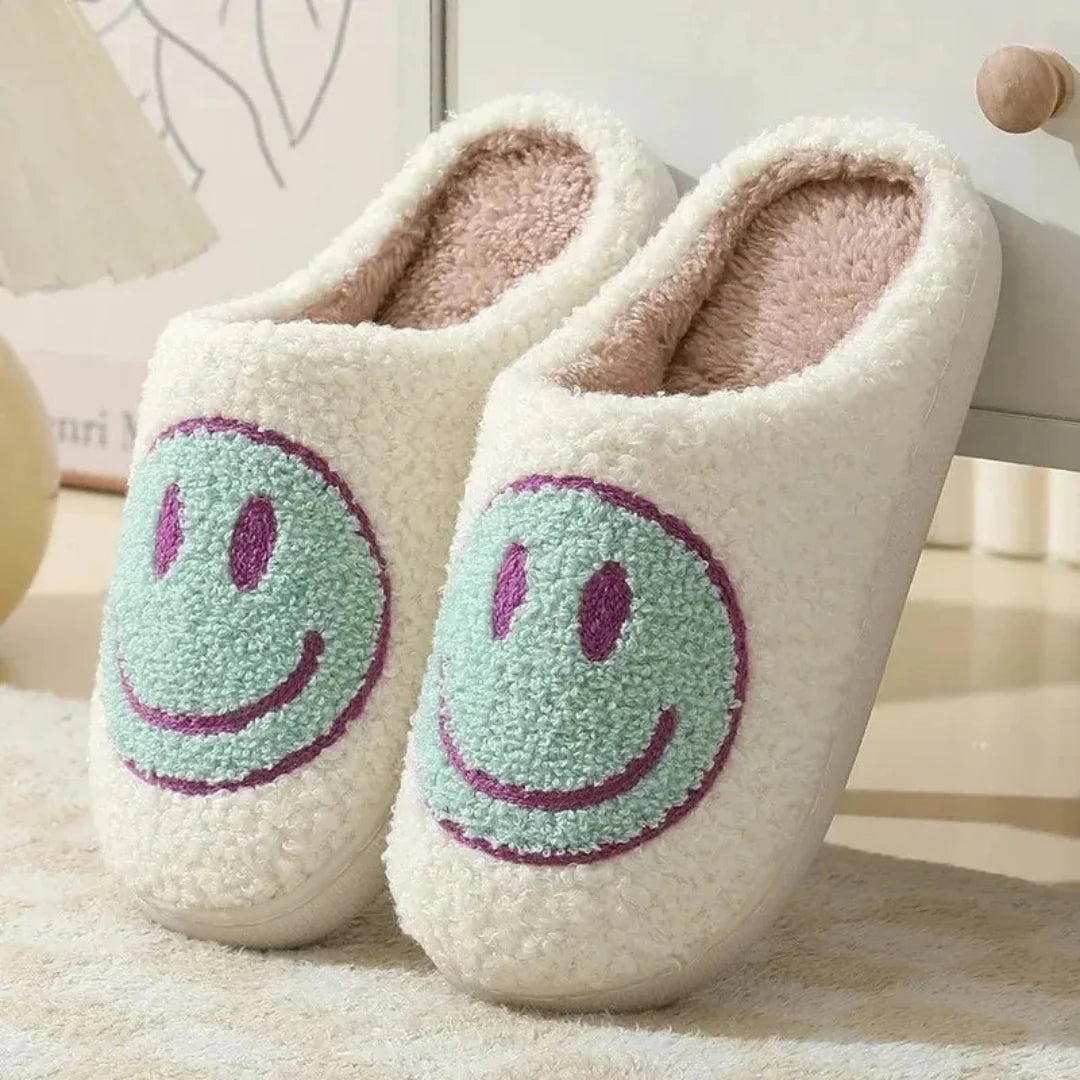 Women's yellow plush sherpa slippers with embroidered smiley face and cushioned anti-slip sole