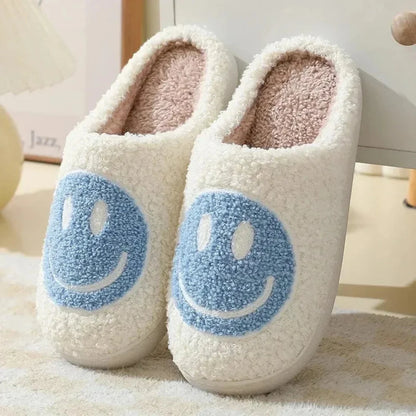 Women's yellow plush sherpa slippers with embroidered smiley face and cushioned anti-slip sole