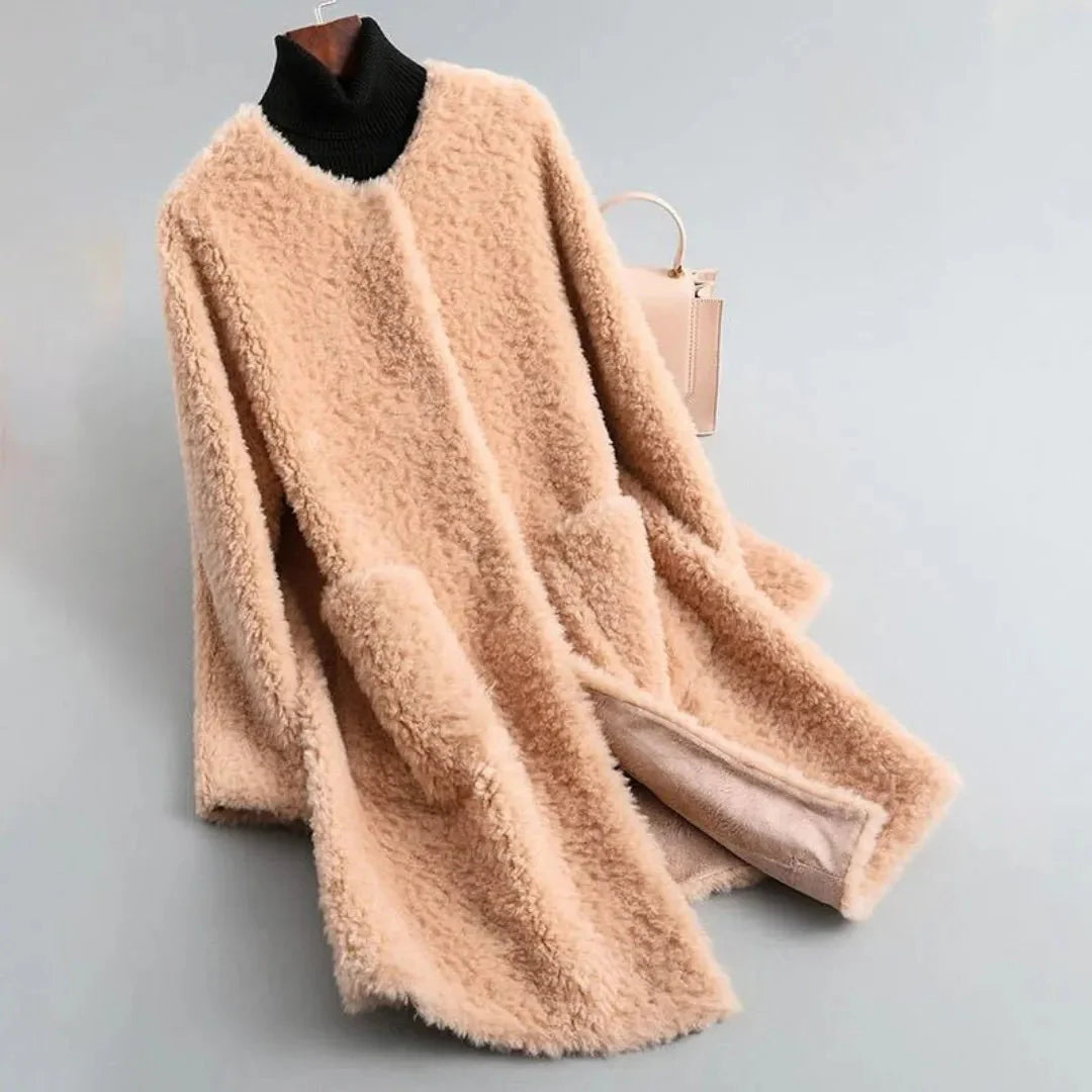 Women's ivory faux shearling fur coat with draped silhouette, ultra-soft plush texture, luxury statement outerwear