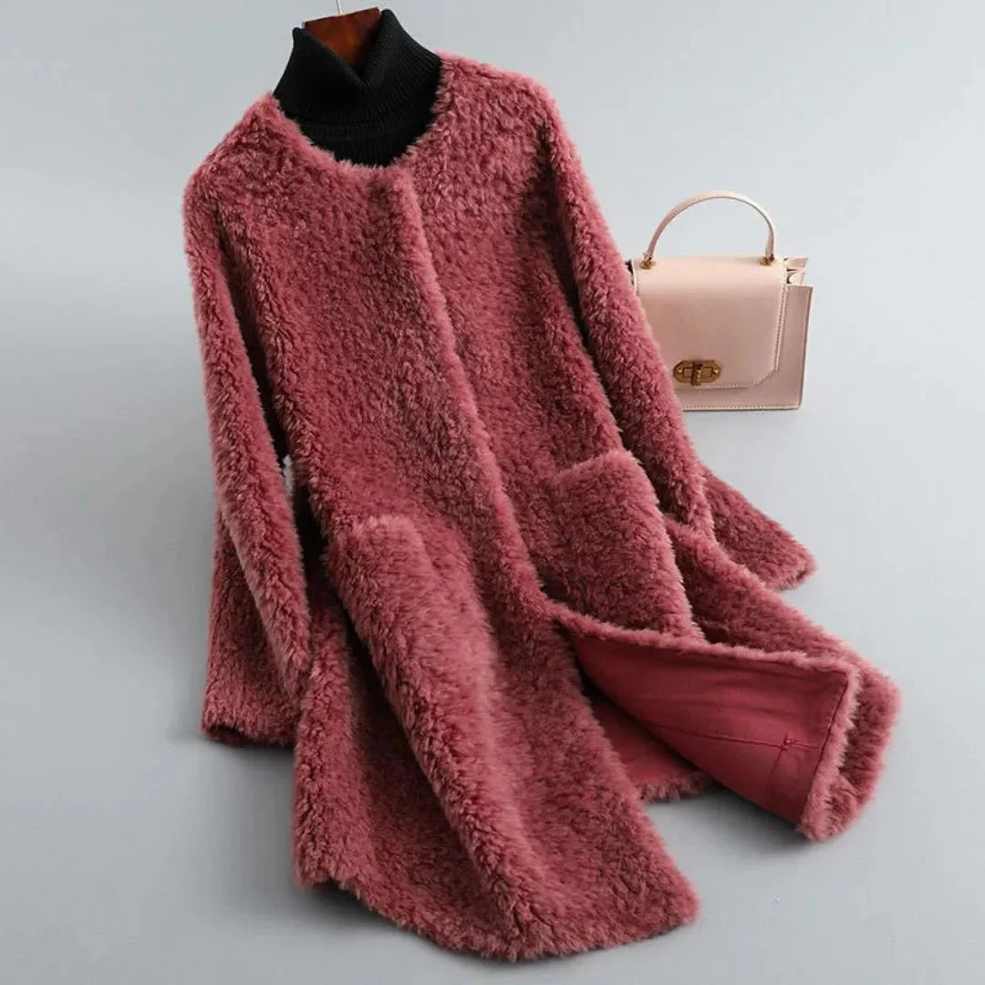 Women's ivory faux shearling fur coat with draped silhouette and ultra-soft plush texture luxury outerwear
